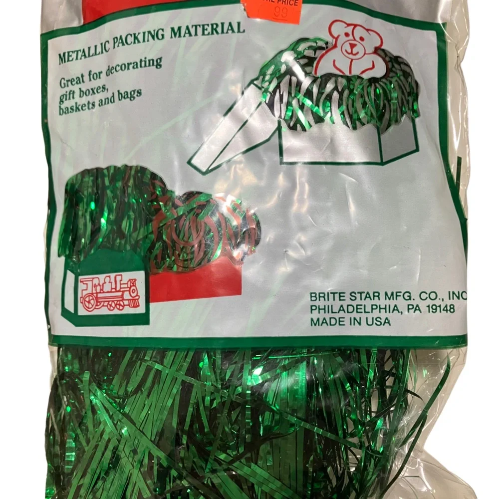 Vintage NEW Brite Star Krinkles Metallic Foil Shred Packing Material Red & Green